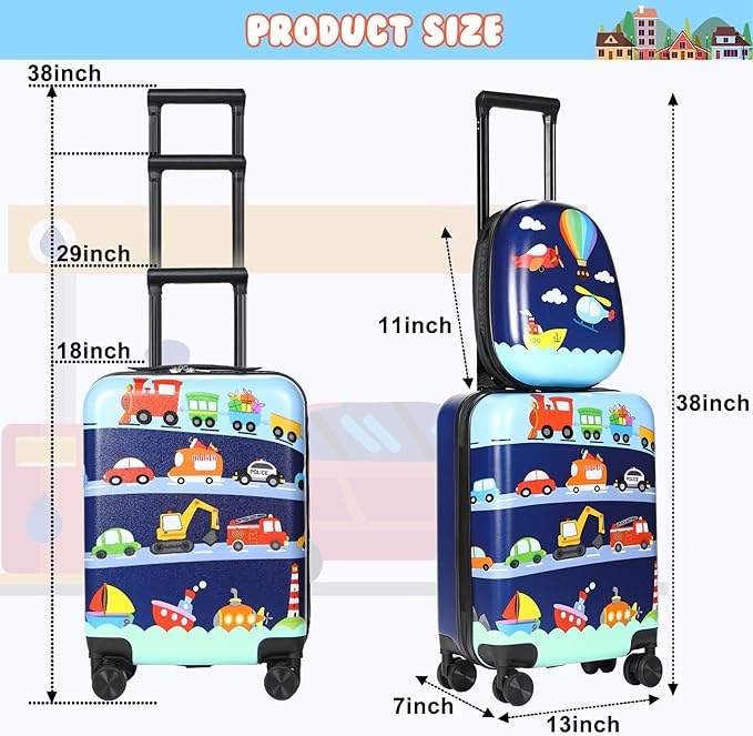 Weewooday Kids Luggage and Backpack 18" Suitcase with Spinner Wheel Hard Case Travel 13" Backpack Girl Suitcase Set for Kids Travel Supplies(Assorted Colors,Vehicle Style)