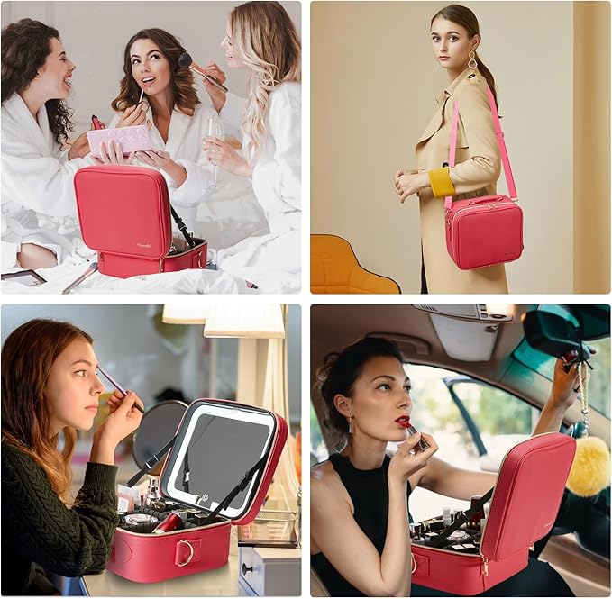 Mocado Travel Makeup Bag with LED Lighted Mirror,Travel Makeup Organizer,Makeup Case with 3 Color Lighted Setting and 10x Magnifying Mirror,Portable Storage and Adjustable Dividers Makeup Box(Red)
