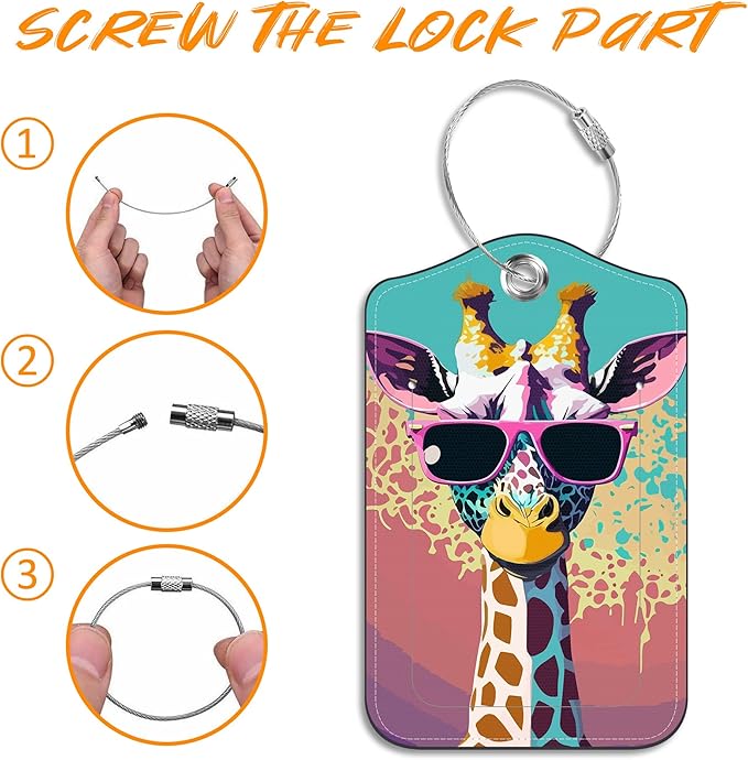 Luggage Tags for Suitcase Funny Giraffe Sunglasses 2 PCS Leather Travel Luggage Tag with Stainless Steel Loop Name ID Label Privacy Cover for Women Men Travel