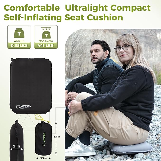 ATEPA Inflatable Stadium Seat Cushion, Self-Inflating Memory Foam Stadium Seats Bleacher Seat Chair Cushion Pad for Airplane Travel Backpacking Sports Events