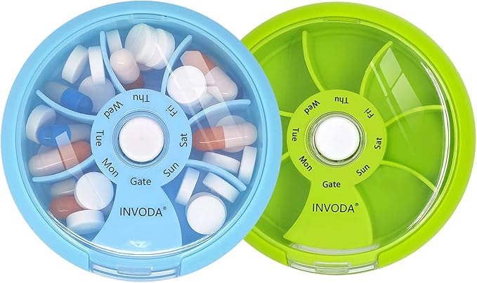INVODA Weekly Pill Organizer 7 Compartment Rotating Pill Box for Daily Medication & Vitamins - Portable Travel Pill Case Fish Oil Supplements Vitamins Organizer (Green+Blue)