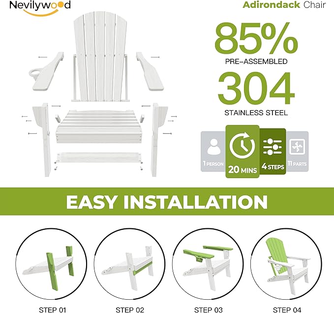 Folding Adirondack Chair - Extended Ergonomic Backrest, Cup Holder - Easy Assembly - Durable HDPE Plastic, Weather Resistant & Maintenance-Free - Lawn, Patio, Deck Supports 380lbs White