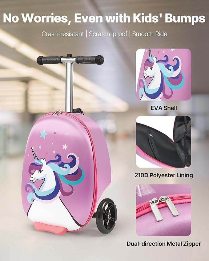 VEVOR Ride-on Luggage, 20 L Capacity, 20 Inches Kids Scooter Suitcase with Flash PU Wheels, Adjustable Handle & TPR Non-Slip Grip, Foldable & Lightweight Scooter Luggage for Kids Aged 5+, Purple