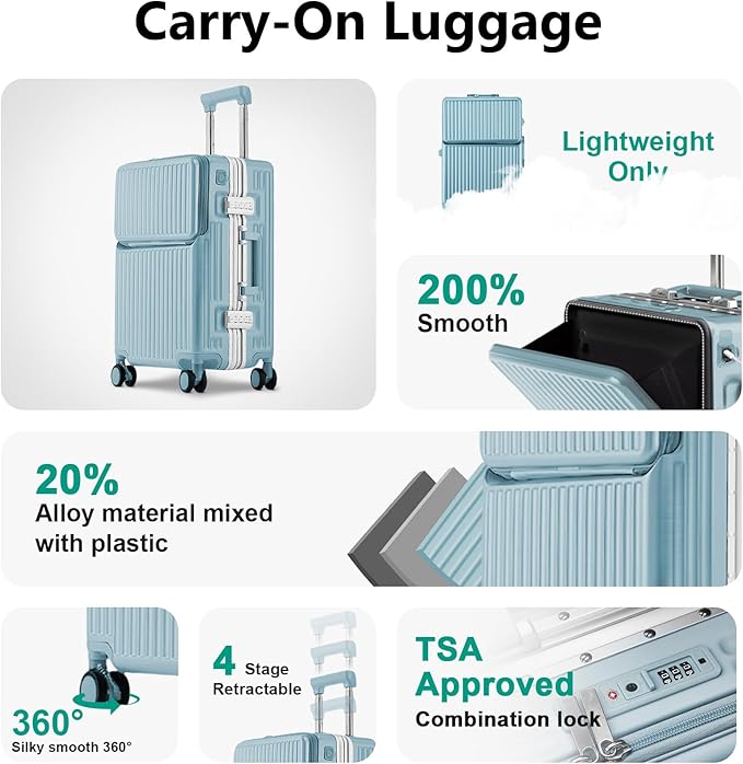 Hard Shell Luggage 20 Inch Travel Luggage, Carry-On Luggage Spinner TSA with Lid, PC+ABS Aluminum Frame，Lightweight Travel Luggage 20'' 24'' 26''Carry-On (upgraded blue, 24 inch)
