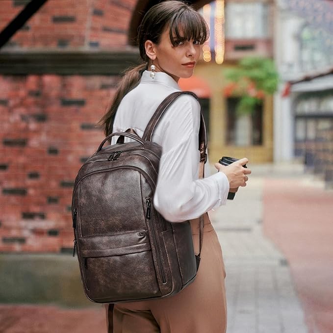 30L Business Laptop Backpack for Women Men, Travel Work Backpack Purse Faux Leather College Bookbag fits 15.6" Laptop - Coffee