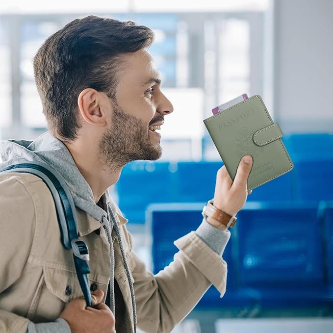TIGARI Passport Holder for Travel Women Men, PU Leather Waterproof RFID Passport Holder Wallet Cover Case Sleeve, Family Vacation Plane Cruise Travel Document Organizer Essentials-Green