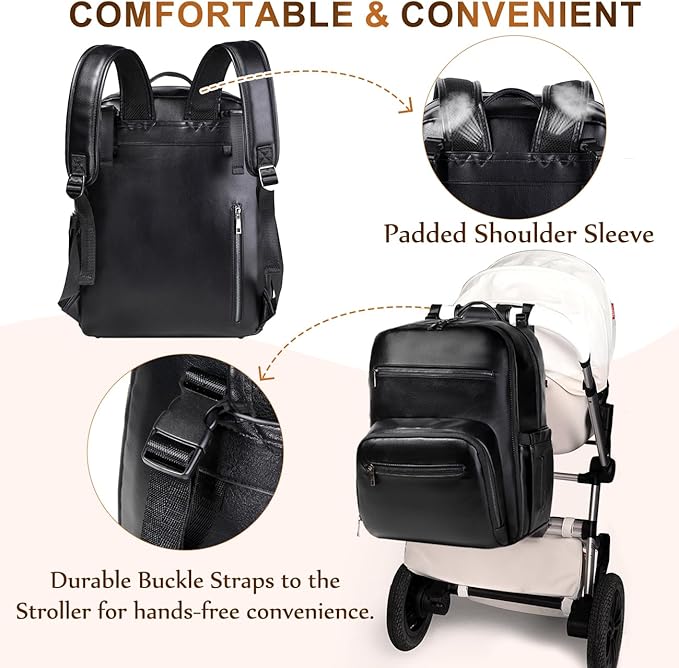 VASCHY Diaper Bag Backpack for Mum Dad, Unisex Large Waterproof Vegan Leather Baby Bag with Changing Pad,Insulated Pockets,Padded Laptop Sleeve for Travel,Black