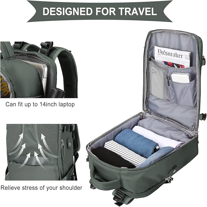 coowoz Travel Backpack For Women Men,Carry On Backpack,Hiking Backpack Waterproof Outdoor Sports Rucksack Casual Daypack Travel Essentials(Olive Green)