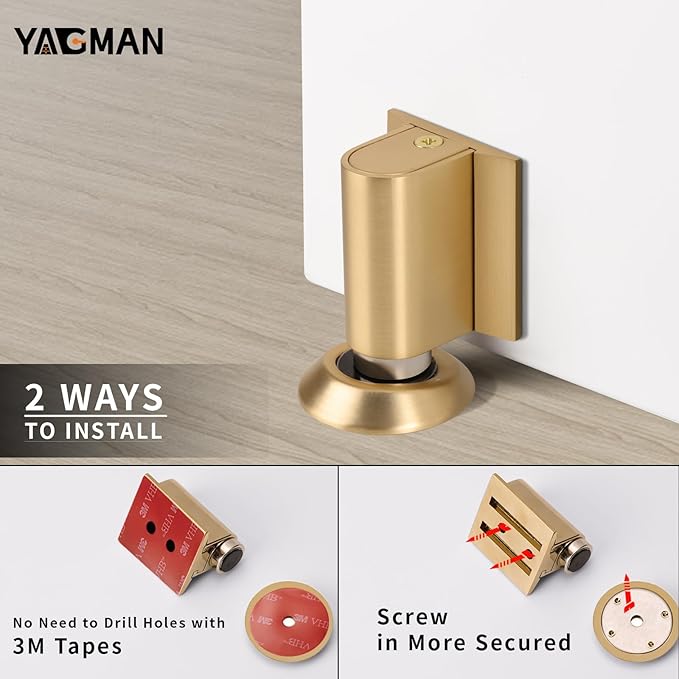 2 Pack Magnetic Door Stoppers Retractable Bottom of Door Holder No Drilling Mount Floor Door Stop with Screws and Adhesive Catch Door Keep Door Open Brushed Gold BG-2