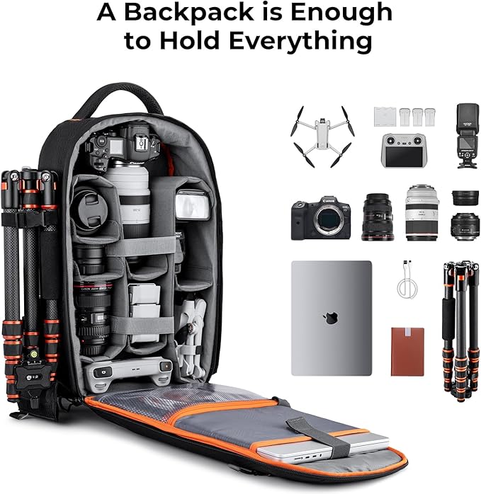 K&F Concept Camera Backpack for Photographers Large Waterproof Photography Camera Bag with Laptop/Tripod Compartment for Men Women Black Orange