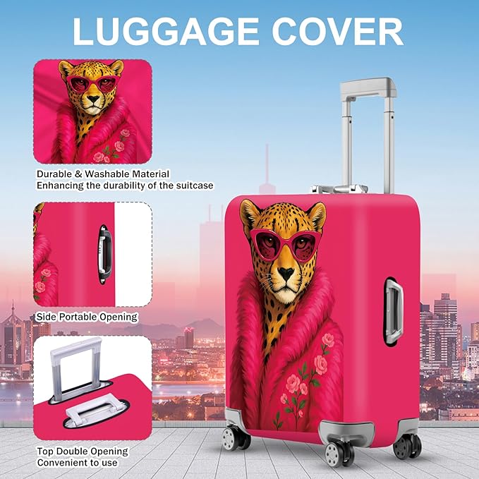 ANNA QUEEN Fashionable Leopard Luggage Cover, Leopard in Pink Coat and Sunglasses, Stretchable, Washable Travel Sleeve for 24-26 Inch Luggage