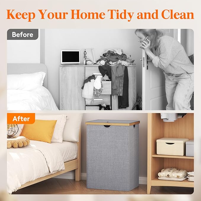 Lifewit 160L Double Laundry Hamper with Lid, Extra Large Bamboo Laundry Basket Dirty Clothes Hamper, 2 Section Laundry Bin Organizer for Laundry Room Bedroom with 2 Removable Liners & Bags, Gray