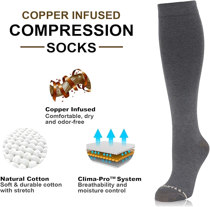 NEWZILL Copper Compression Socks for Women & Men 15-20mmHg Cotton Rich Odor Control Dress Socks for Business Casual Running Medical Athletic Support, Edema Diabetic Relief