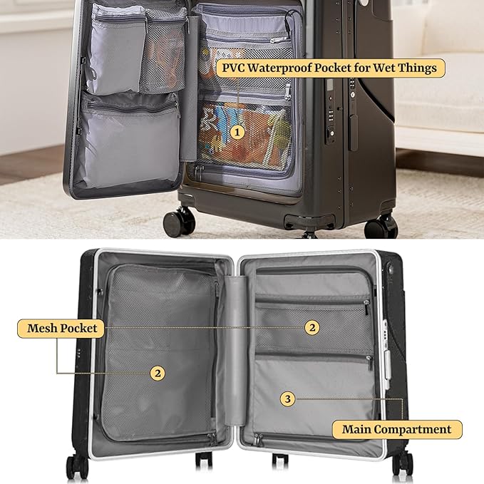 Hardshell Carry On Suitcase with Child Seat, Black Travel Luggage with Front Compartment & 4 Lockable Spinner Wheels, TSA Lock, USB Port, Luggage Cover, Safty Seatbelt (Front-Opening Black, 20 Inch)