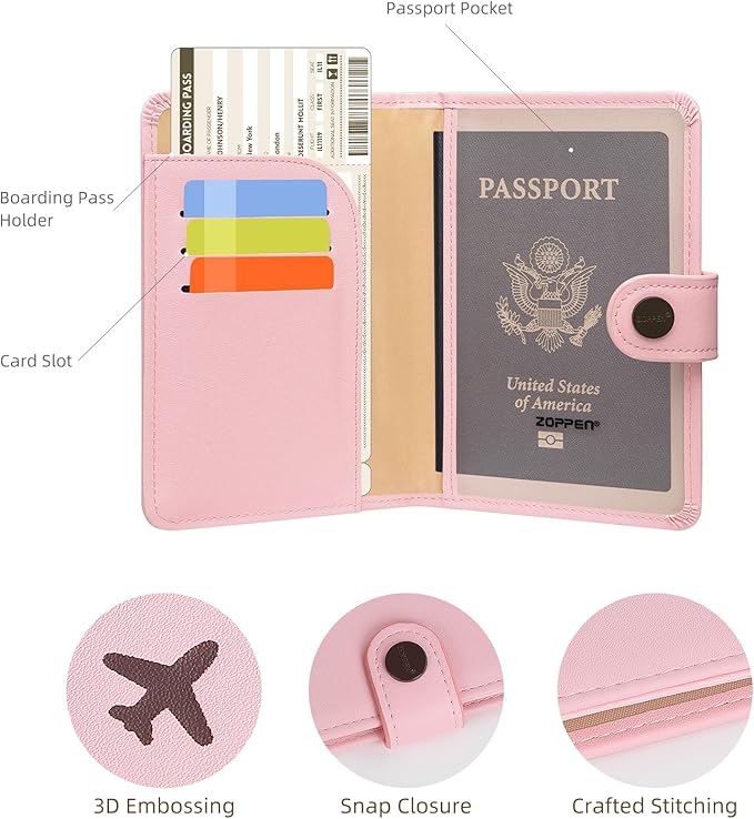 ZOPPEN Passport Holder Women, Passport Cover Travel Wallet Rfid Blocking Passport Wallet Cover Case Travel Essentials Document Organizer, Pink