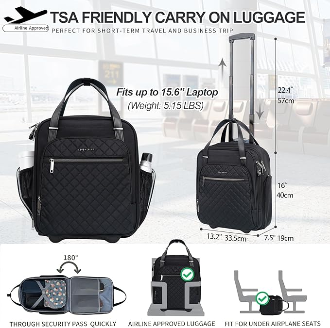 EMPSIGN Underseat Carry On Wheeled - 16" Carry on Bag with Wheels Multi-functional Lightweight Rolling Bag Overnight Weekender Small Suitcase for Women Men Travel Business, Black