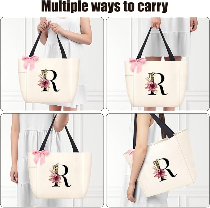 Vavabox Tote Bag, A-Z Initial Monogrammed Waterproof Tote Bag, Bridesmaid Gifts for Women, Black and Pink