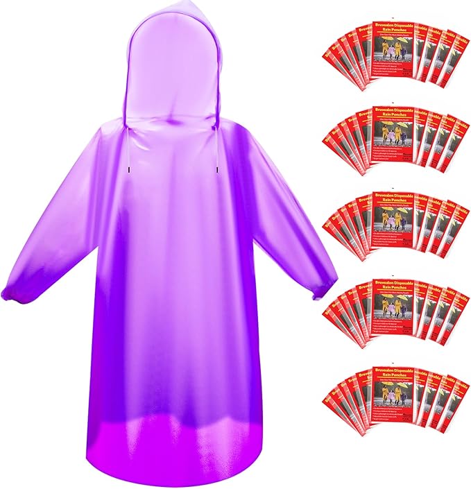 Bruvoalon 6 & 20 Pack Disposable Rain Ponchos for Adults/Youth, Waterproof PE Raincoats with Drawstring, Camping/Emergency