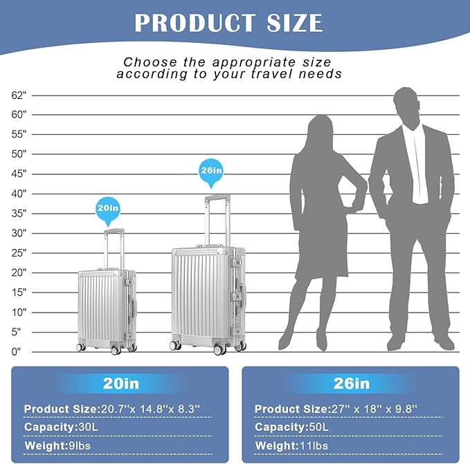 DOMINOX All Aluminum Carry On Luggage Hard Shell Luggage Aluminum Suitcase for Travel Zipperless Luggage Checked Luggage with Silent 360° Spinner Wheels 20 In. (Vertical Grain Style, Sliver)