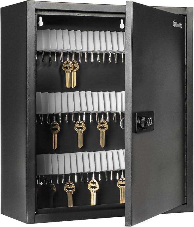 Uniclife 100 Position Slotted Key Cabinet with Combination & Key Lock Resettable Black Digital Security Storage Box Steel Key Organizer with Slotted Racks White Key Tag Labels and Permanent Pen