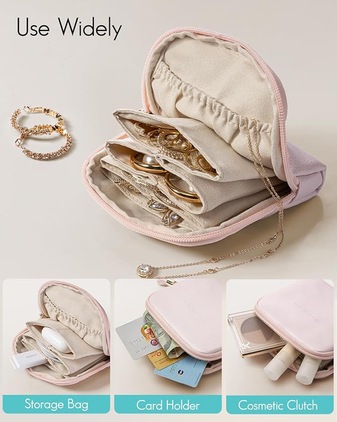 Vlando Small Jewelry Travel Case,Jewelry Pouch Bags with Zipper,Velvet Jewelry Organizer Storage Bag for Bracelet Rings Earring Travel Essentials Gifts for Women Girl-Pink