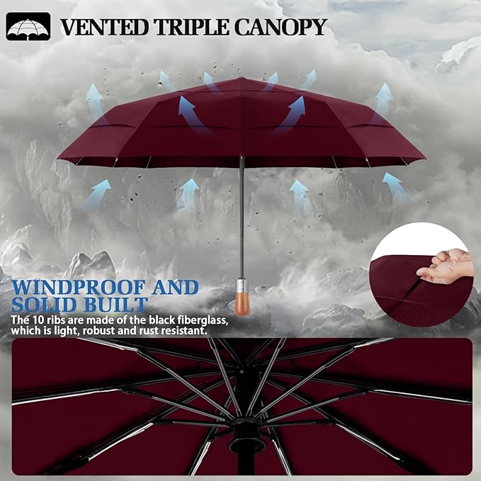 3T Wind Armor Travel Umbrella Compact Easy Auto Open Close Folding Umbrellas for Rain Windproof Umbrella for Women and Men Durable Real Wood Handle Portable Fits Backpack Car