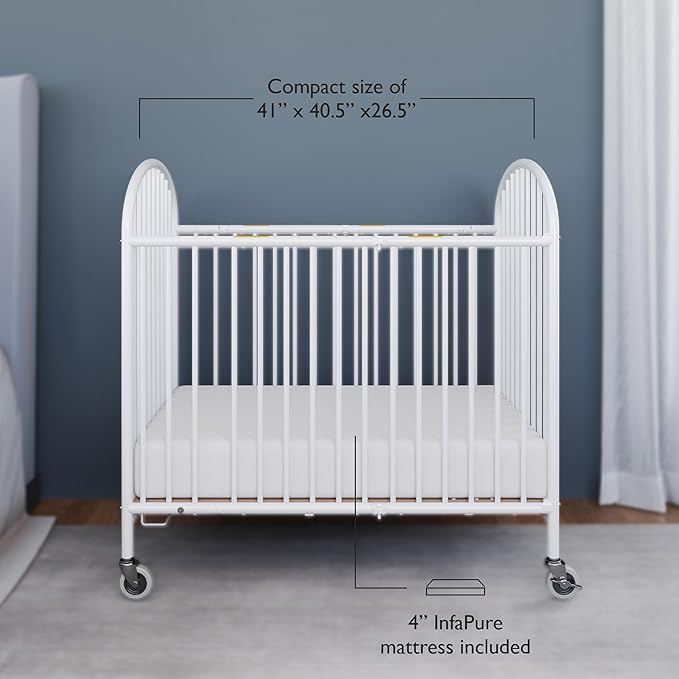 Foundations Pinnacle Folding Metal Baby Crib - Portable Hotel Crib, Easy Compact Storage, 4" Mattress, Built for Small Spaces, Heavy-Duty Construction, White