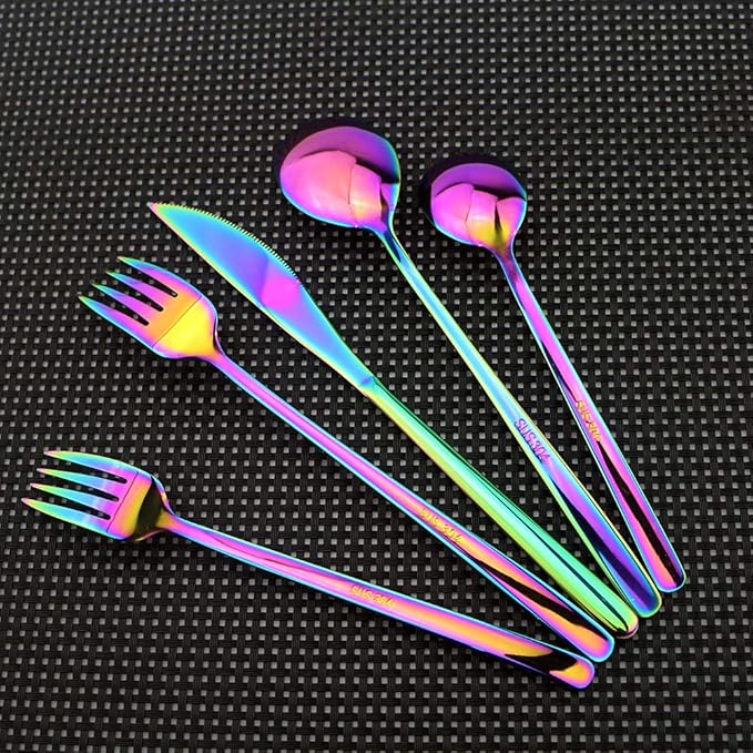 20 Pieces Silverware Set 304 Stainless Steel, Healthy & Eco-Friendly Silver Travel Mirror Polished Rainbow Knife Fork Spoon Salad Fork Dessert Spoon Flatware Set, Service for 4