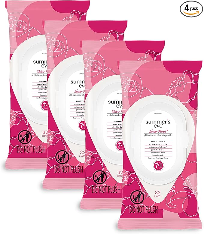 Summer's Eve Sheer Floral Daily Refreshing Feminine Wipes, Removes Odor, pH balanced, 32 Count, 4 Pack