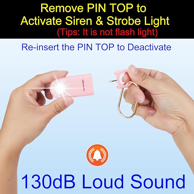 130dB Keychain Siren Strobe Light. Loud Sound Personal Safety Alarm with Carabiner. SOS Emergency Alerts for Women, Girls, School Children, Night Runners, Hiking. Bear Alarm Deterrent.Pink