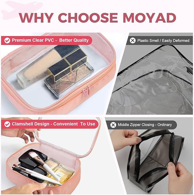Moyad TSA Approved Clear Toiletry Bag, 3 Pack Quart Size 3-1-1 Liquids Pouch for Travel, Transparent Makeup & Cosmetic Organizer for Women Men, Peach Pink