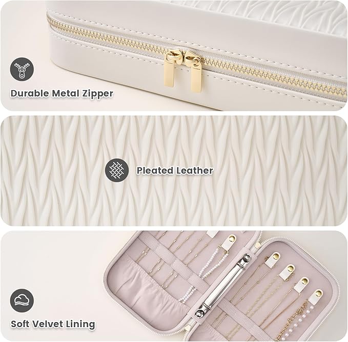 Lolalet Travel Jewelry Organizer, Jewelry Storage Case with Pocket, Earrings Necklaces Bracelets Ring Zippered Storage Pouch for Women -White