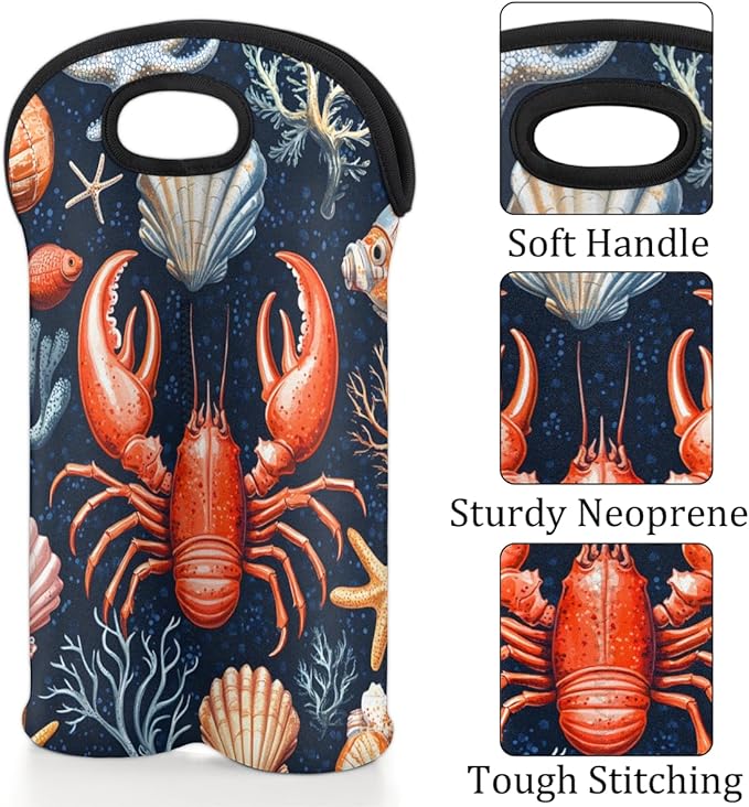 Neoprene Wine Tote, Bottle Carrier Gag Insulating Neoprene Thicker, Insulated Wine Bag for Travel Holds Two Bottles, Bottle Carrier Bags Protect the Bottles, Red Lobster