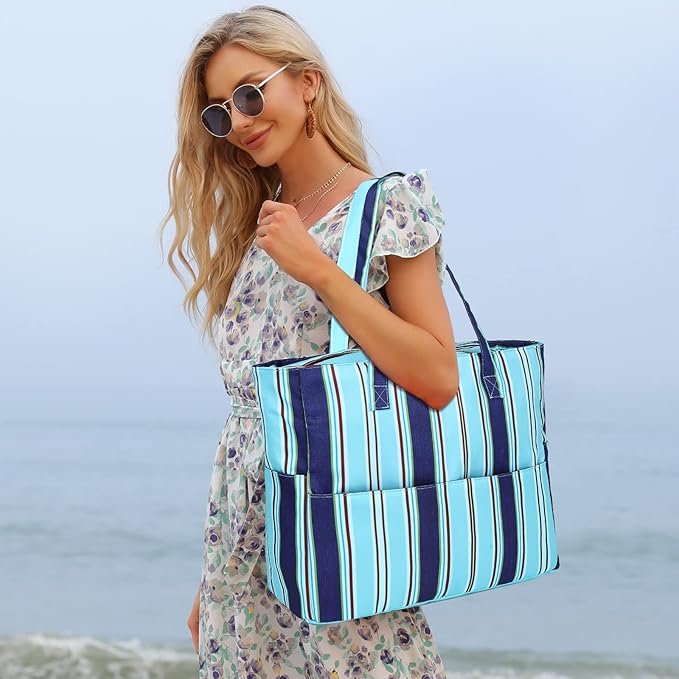 LEDAOU Beach Bag Waterproof Sandproof Women Tote Bag Pool Bag with Zipper for Gym Grocery Travel with Wet Pocket