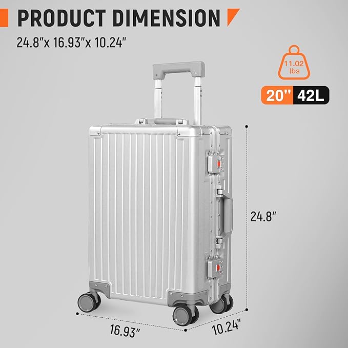 UrbanExplorer All Aluminum Carry On Luggage 22x14x9 Airline Approved Heavy Duty Hard Shell Suitcases Zipperless Suitcase with TSA Lock, Sliver, 20 Inch