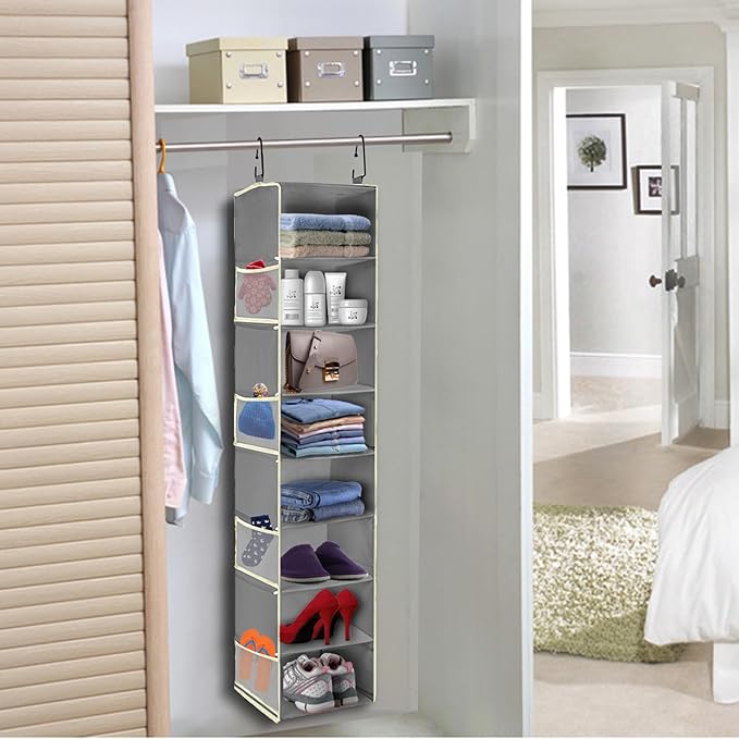 Large-Sized Hanging Shoe Organizer 8-Shelf, Hanging Closet Organizer with 8 Side Pockets, Wider Hanging Shelves for Storage Shoes Clothes 9" W × 11.8" D× 48" H, Grey