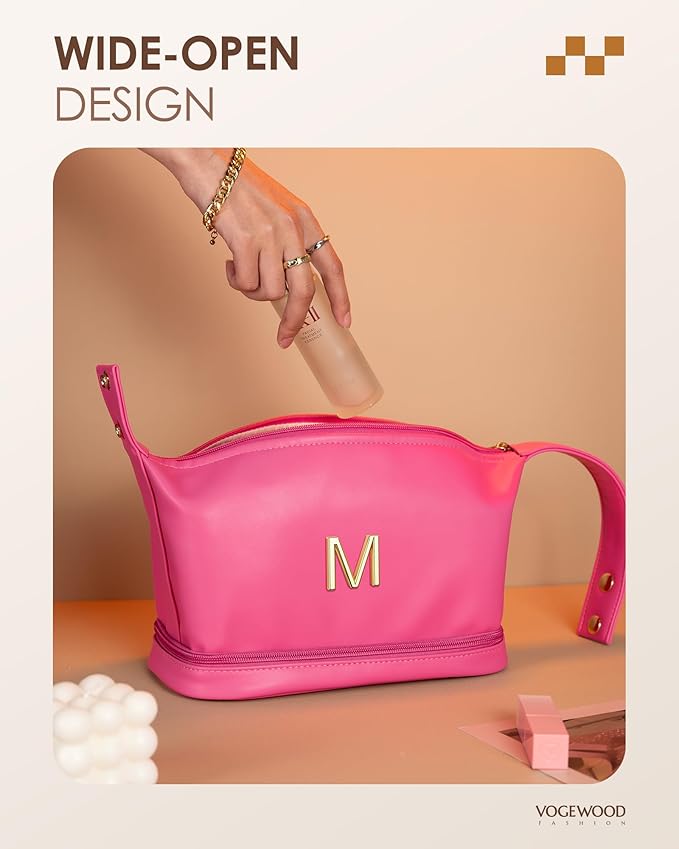 Appreciation Teacher Gifts, Personalized Makeup Bag with Handle, Initial Double Layer Cosmetic Bag with Makeup Brush Organizer, Cute Cosmetic Pouch for Women, Tween Granddaughter Gift Ideas