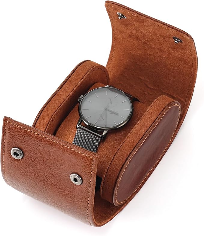 JOYIR Single Watch Roll for Travel | Genuine Leather Watch Pouch Case with Pillow | Portable Protective Sleeve for Men & Women | Ideal Gift for Watch Lovers, Father's Day