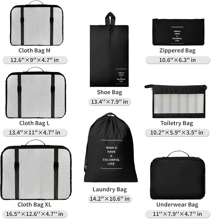 9 Set Packing Cubes for Suitcases, Aydicon Travel Luggage Packing Organizers with Laundry, Toiletry Bag, Compression Storage Shoe Bag, Toothbrush Case, Travel Essentials (Black)