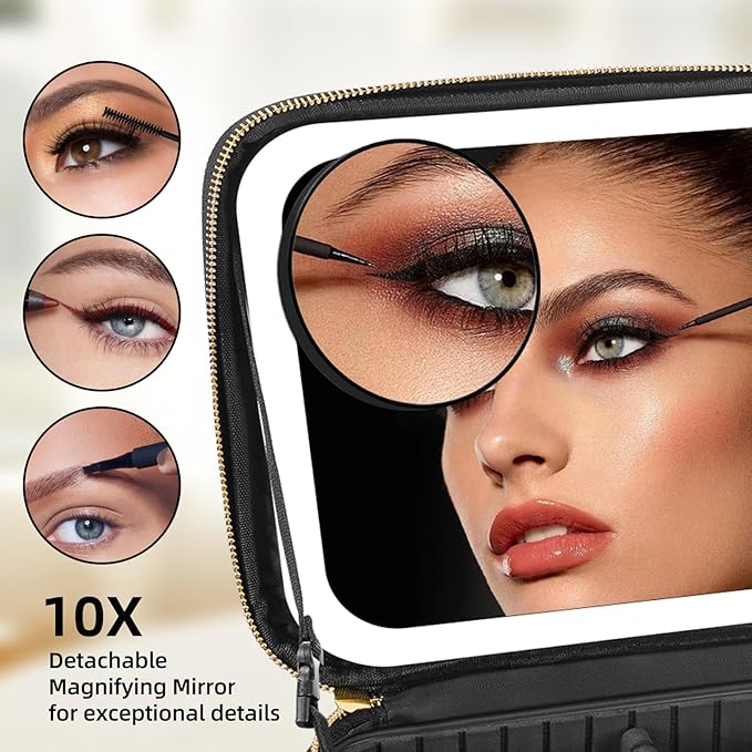Lighted Travel Makeup Bag - 3 Colors, Mirror, 2-Layer Organizer with 10X Magnifying Mirror - Portable Cosmetic Case with Adjustable Dividers (Black)