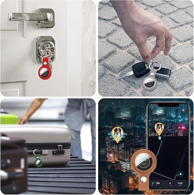 RFUNGUANGO Airtags Holder Keychain Keyring, 4 Pack Leather Case Cover for Women Men Kids with Apple Air Tag GPS Tracker Item Finders-Brown,red,Green,Grey