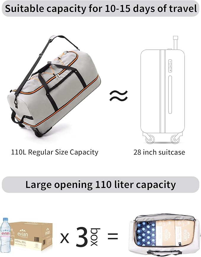 CONTAIL 32”110L Expandable 140L Rolling Duffle Bag with 2 Inline Wheels,Convertible Weekend Travel Bag with Bungee-Cord System,Grey