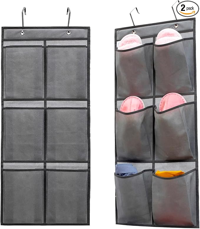 2 Packs Over The Door Hanging Closet Shoes Holder Organizer Shoe Storage Shoe Rack with 6 Pockets (Fabric Pockets)