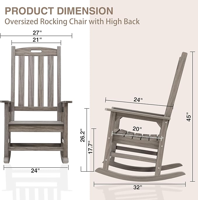 Psilvam Outdoor Rocking Chair, Poly Lumber Oversized Rocking Chair with 21" Wide Seat and 32" Tall Backrest, Pre-Assembled with Most Components for Effortless Installation(Light Gray)