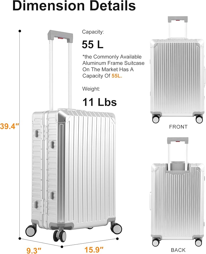 Mvst Luggage Premium All Aluminum Magnesium Carry On 20'' Lightweight Metal,Suitcase with Spinner Wheels Built-in Toiletry Set, Luggage Protector（silvery） (Silver, 24inch)