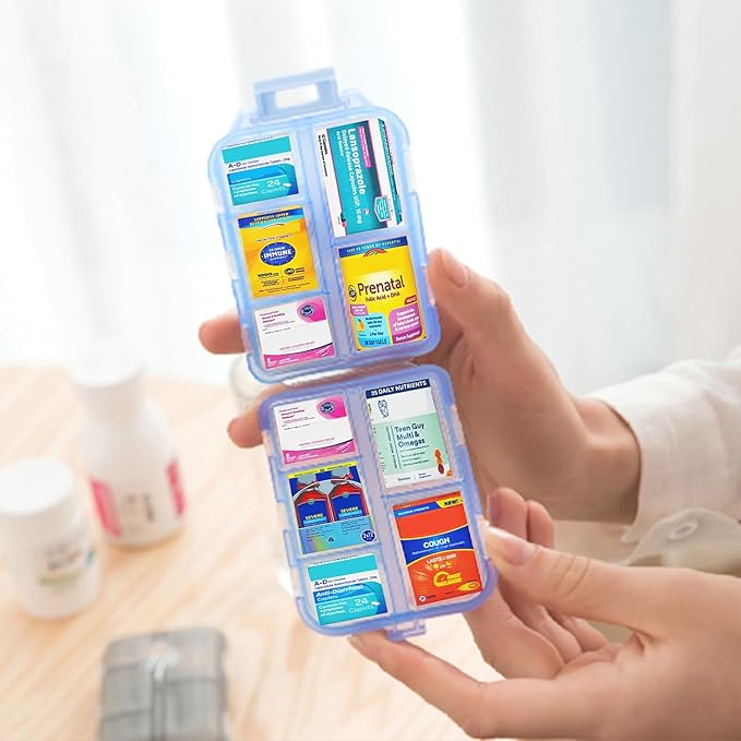 Small Pill Case Travel Pill Box Cute Pill Organizer for Purse Portable Daily Medicine Organizer 10 Compartment Pill Holder for Vitamins, Fish Oil, Supplements