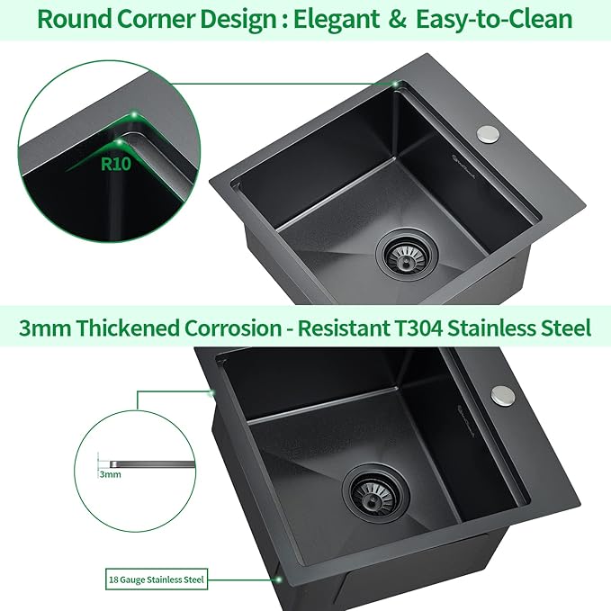 Kitchen Sink, 17 x 19 Inch Drop in Bar Sink Gunmetal Black Stainless Steel Workstation Sink Topmount Kitchen Sink Single Bowl with Cutting Board