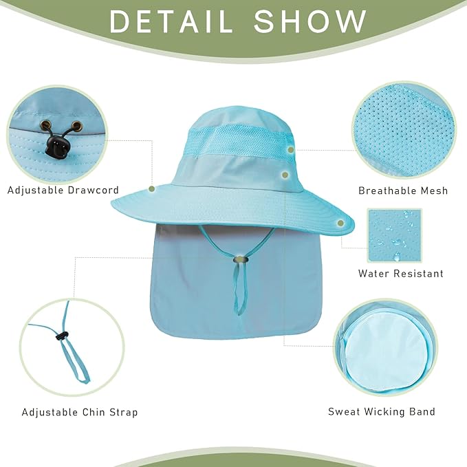 Fishing Hat Breathable Wide Brim Sun Hats with Neck Flap Bucket Hat Outdoor Safari Hat for Men Women UPF 50+ Sun Protection