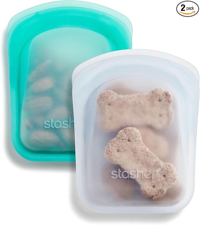 Stasher Premium Silicone Reusable Food Storage Pocket Bags, 2-Pack, Clear + Aqua, Multi-Use Food Storage Bags, Lunch Bag, Travel Containers, BPA Free, Leak-free, Dishwasher-Safe, Eco-friendly, 4 Oz