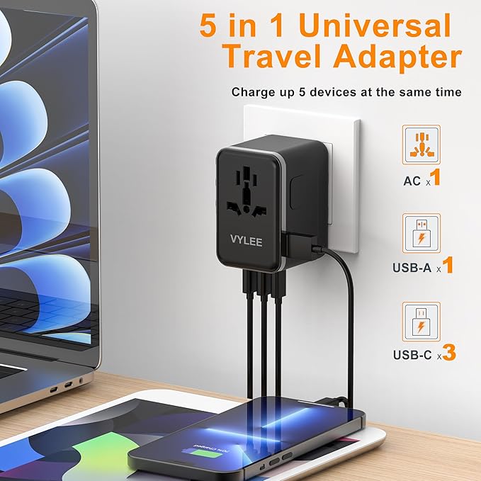 Universal Travel Adapter, PD100W GaN International Power Adapter with 3 USB C and 1 USB A Charging Ports, All in One Power Outlet, Worldwide Plug Adapter for US to European Europe UK AUS Ireland